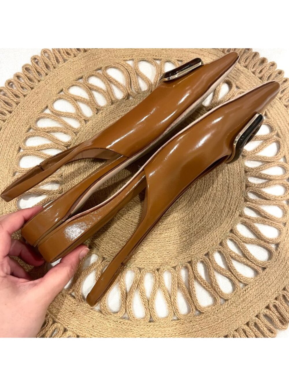 Antonio Melani Cognac Leather Slingback Flats Tortoiseshell Size 9 Classic - Picture 10 of 11